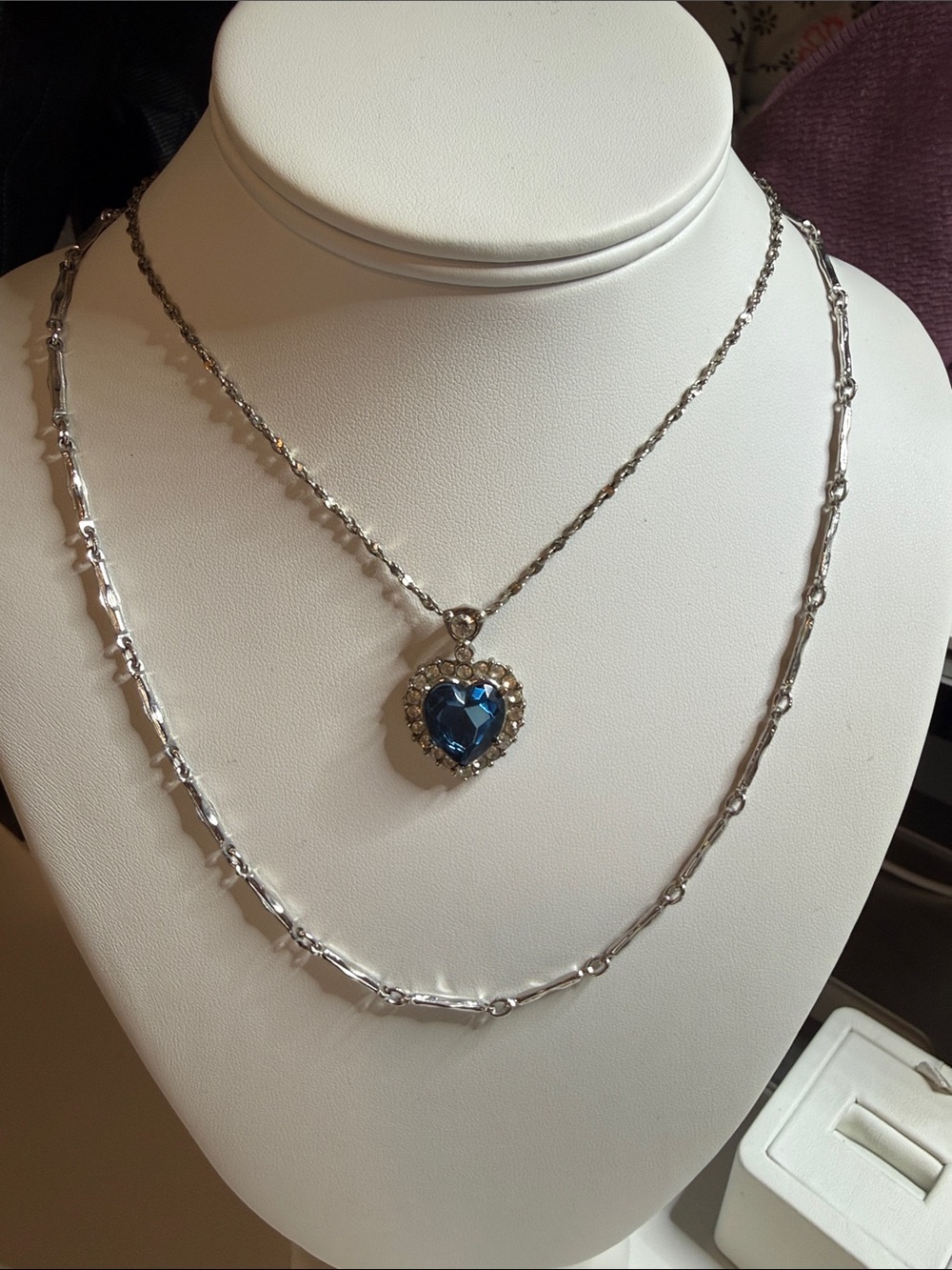 Silver Heart Pendant Necklace with Blue Gem